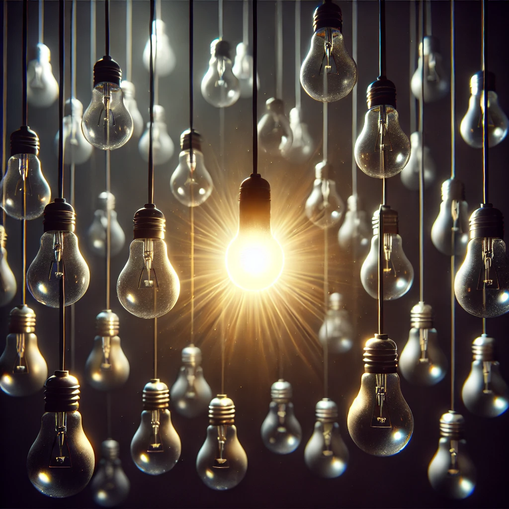 A symbolic image of a single glowing lightbulb suspended in a dark space, surrounded by numerous unlit lightbulbs. The glowing bulb radiates warmth and light, casting soft shadows, while the unlit bulbs hang cold and distant, emphasizing a sense of isolation and misunderstood brilliance.